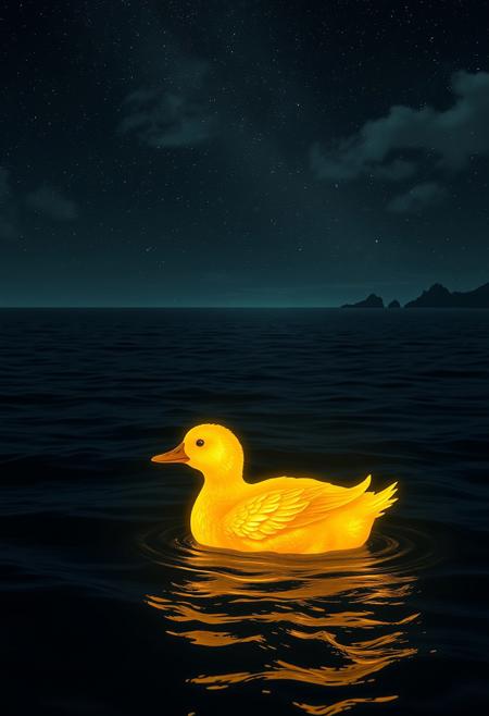 A glowing yellow duck, its feathers intricately detailed with subtle golden hues, emits a warm, ethereal light as it floats on a pitch-black sea. The water’s surface is textured with faint ripples and delicate swirls, reflecting the duck’s radiance in shimmering, fragmented patterns. Above, a vast night sky sparkles with countless stars, some clustered in faint constellations, while wisps of silvery clouds drift lazily. The horizon is a thin, shadowy line, barely discernible, dotted with distant, jagged silhouettes of rocky outcrops. The scene hums with a mystical stillness, blending the duck’s luminous charm with the sea’s dark, enigmatic depths.
