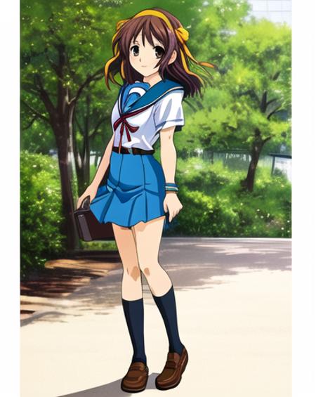 <lora:12-000020:0.6>,very detailed ,highres,(masterpiece_1.0),(best quality_1.0),1 girl, solo,haruhi suzumiya, cowboy shot, school uniform,yellow hairband, full body, looking at viewer,