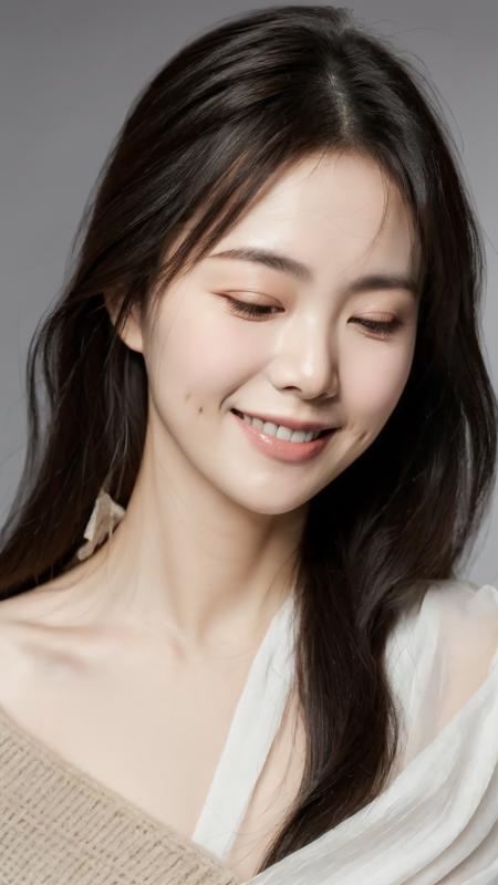 weiwei, smile, dimple, fine - art photography, soft portrait shot 8 k, mid length,  ultrarealistic uhd faces, unsplash, kodak ultra max 800, 85 mm, intricate, casual pose, centered symmetrical composition, stunning photos, masterpiece, grainy, centered composition,grey background,hanfu,<lora:dimple_smile-000007:0.7>,<lora:add_detail:0.2>,solo,closed mouth:1.3, closed eyes