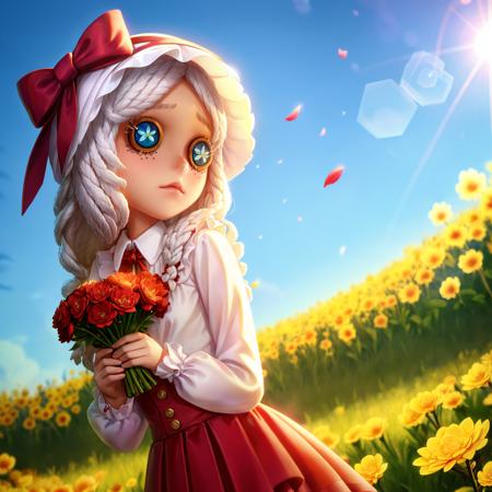 masterpiece, best quality, identity v, button eyes, stitches, sad, night, dark sky, 
1girl, solo, long_hair, looking_at_viewer, white hair, red eyes, skirt, shirt, long_sleeves, hat, dress, bow, holding, closed_mouth, flower, frills, hair_flower, petals, bouquet, holding_flower, center_frills, bonnet, holding_bouquet, flower field, flower field, colorful, vivid color, blue sky, lens flare, depth of field, dutch angle