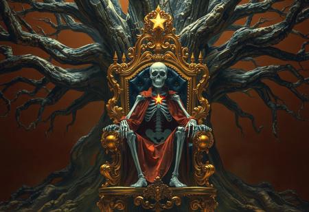 A majestic Ghostrick Skeleton sits regally upon an ornate golden throne, its crimson robe adorned with a single gleaming star. The technologically-enhanced chair features intricate baroque carvings that glow with arcane energy, casting ethereal reflections across the skeletal figure. Behind this imposing ruler stretches an ancient, gnarled tree whose roots and branches form a cathedral-like canopy, creating dramatic negative space against the rich umber background.