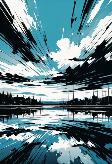 A glassy lake reflecting the sky, abstract expressionism, graphic noir, dynamic brushstrokes, bold black ink lines, high contrast, gestural composition, limited color palette, moody atmosphere, urban minimalism, energetic texture, expressionist comics style