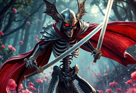 Skeletal Bat-Cobra Warrior: 8K, octane render, Unreal Engine 5, Raphael and Houdini style, splash ink illustration, grammer effect, black, silver, red and gold armor (helmet with visor, flowing cape), two swords, skull face, cobra legs, Forest of Lost Flowers background, dynamic pose, captivating lighting, super detailed facial and eye features, contemporary multicolored aesthetics, impeccable composition, creative angle, attractive background, hyperdetailed, Artstation trending, masterpiece. Focus on a dramatic, high-contrast image with vibrant colors and intricate details. Emphasize the skull-like face, the flowing cape, and the dynamic pose. The Forest of Lost Flowers should be a lush, contrasting backdrop.