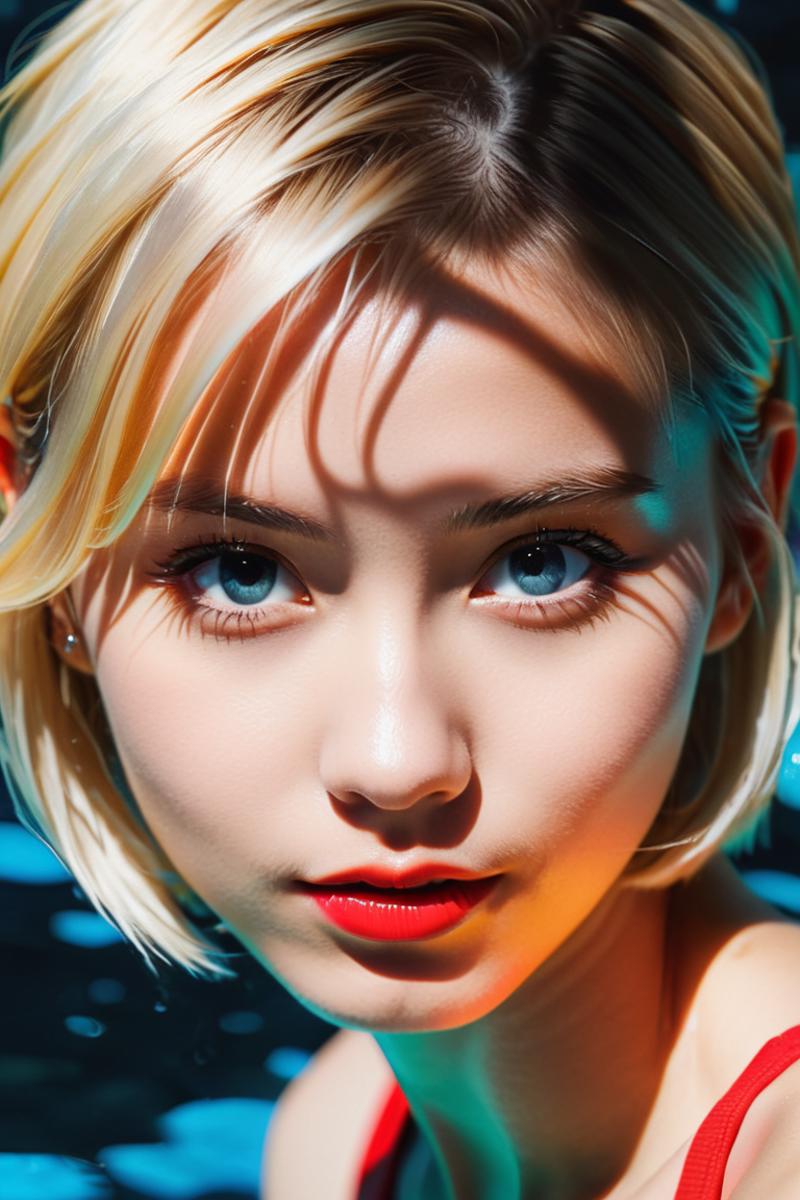 A Blond Woman with Blue Eyes and Red Lipstick.