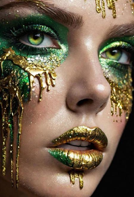 digital painting, closeup macro shot, high contrast, closeup of a woman's face, iridescent, heavy makeup, lashes, metallic glitter in green and gold, paint dripping from lips, meticulous detail, dramatic lighting, perfect eyes, natural skin, <lora:add-detail-xl:1>