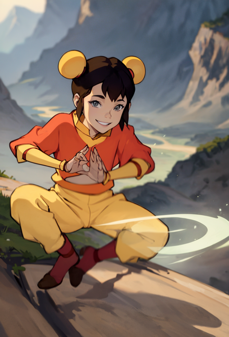 best quality, beautifully detailed illustration, beautifully detailed sunlight, soft lighting, (best shadows), looking at viewer,
BREAK
1girl, ikki, solo focus, black hair, bun cover, double bun, (airbending:1.3), smile, dress, outdoors, mountainside,  cliff face   <lora:Ikki:1>