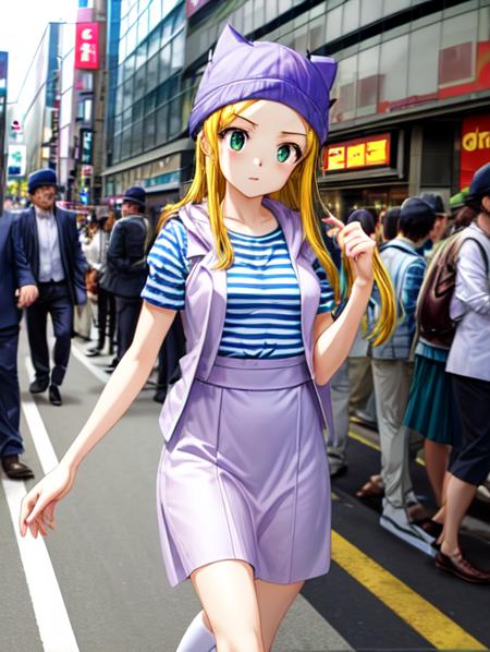 best quality, masterpiece, highres, detailed, perfect anatomy,  <lora:Detail - add_detail:0.2>, orimotoizumi, purple vest, striped shirt, beanie, cat hat, green eyes, small breasts, long skirt, 1girl, walking, streets, shibuya,  <lora:Izumi-10:0.8>,