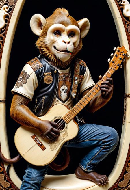 masterpiece, absurdres, 8k, ultra high detail, vivid colors, cinematic lighting, realistic texture
A rocker monkey in leathers and jeans, a dirty tee shirt, playing a guitar made of ivory, with scrimshaw bone carvings inlaid in the face of it. The band of African Wild Dogs backs him up on other instruments made of ebony and ivory in a concert