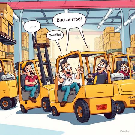 A humorous illustration of chaotic Forklift warehouse workers moving recklessly in different directions, looking disorganized and exaggeratedly clumsy. In the background, a terrified pedestrian flees with a comically exaggerated expression of fear. Bublle say "soccorroo" The scene is set in a bright warehouse environment, drawn in a colorful, cartoonish style, emphasizing exaggerated features and comic elements."