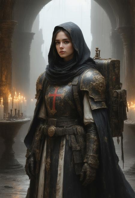 A semi-realistic female Adepta Sororitas Hospitaller stands solemnly in a gothic medbay aboard an Imperial warship. She wears black and white armor adorned with gold trim, purity seals, and the red Ecclesiarchal cross. A white coif and black mantle frame her freckled face and calm blue eyes. Her medical backpack is a servo-assisted reliquary, etched with sacred scripture and filled with holy medicae tools and relics. A wrist-mounted device projects gothic-styled holograms of vitals and gene scans.
At her side is a hooded servitor, draped in rags and equipped with surgical tools, chanting in Low Gothic. The medbay is lit by candles, incense, and red auspex glow, with arches carved in skulls and saints. Behind her, a stained-glass viewport reveals a war-torn planet and cold stars.
Style: Semi-realism
Theme: Warhammer 40K, Gothic Sci-fi
Lighting: Candlelight, auspex glow, faint starlight