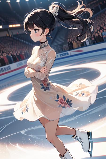 flying spin motion blur spiral lines dancing on grand ice skating exhibition raise shoe raise arm floral print lace dress sleeves cinematic light countless crowd wind night