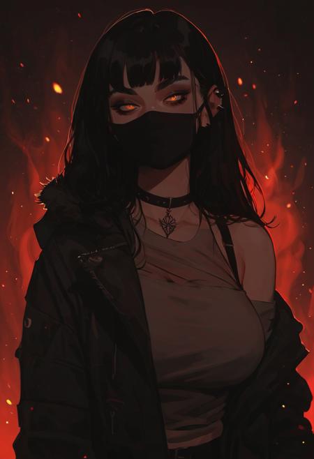score_9, score_8_up, score_8_up, 1girl, anime style, (depth of field), intimate raw shot, (goth girl, face mask, ski mask), big breasts (open jacket, off shoulder), (holding a weapon), (glowing particles, flames), moody lighting, mysterious ambiance, dark colors, ultra-detailed, high quality, mixed media, captivating emotions, intriguing contrast, dynamic composition, provocative vibe <lora:g0th1cPXL:0.65> <lora:incase-ilff-v3-4:0.80>