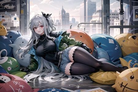 SKADITEA,solo, breasts,  black gloves, black shirt, black thighhighs, open clothes, looking at viewer, shorts, large breasts, open green jacket<lora:SKADITEA-000008:1> long hair, looking at viewer, lying, mouth hold, on side, padlock, petals, puffy sleeves, see-through, smile, solo, thighhighs, underwear,thighhighs, wide sleeves, window, hair intakes, bangs,