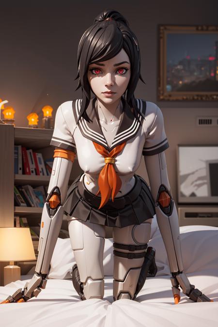 <lora:VRAMsTsuki:0.65>, xyztsuki, 1girl, solo, stiches, android, black hair, looking at viewer, black skirt, closeup, school uniform, ponytail, serafuku, sailor collar, blurry, blurry background, joints, pale, mechanical arms, 3d model cycles render,  cyborg, joints, long hair, looking at viewer, mechanical arms, mechanical parts, cyberpunk, orange, heavy eyeliner, red eye color, bedroom, candles, concrete, bedsheets, all fours