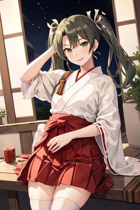 best quality, masterpiece, highres, solo, {zuikaku_kantaicollection:1.15}, long_hair, twintails, ribbon, hair_ribbon, green_hair, green_eyes, smile, white_ribbon, 1girl, grey_hair, hakama, hakama_short_skirt, hakama_skirt, japanese_clothes, skirt, cowboy_shot, looking_at_viewer, muneate, red_hakama, tasuki, red_skirt