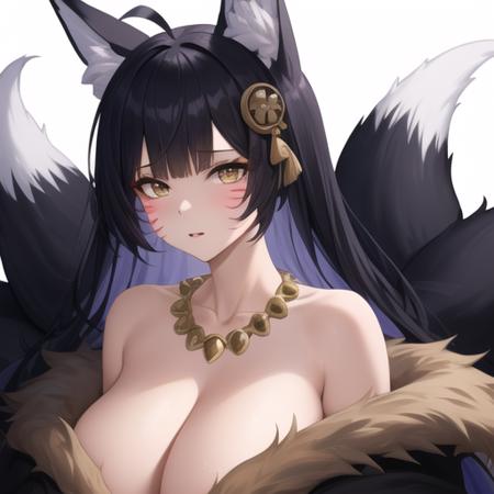 (masterpiece, best quality:1.2),illustration,8k,hd,1girl,solo,upper body,(portrait:1.2),musashi (azur lane),ahoge,huge breasts,long hair,fringe,black hair,animal ears,yellow eyes,cleavage,black skirt,blunt bangs,japanese clothes,fur trim,off shoulder,wide sleeves,facial mark,eyeshadow,whisker markings,necklace,fox ears,fox tail,fox girl,multiple tails,hair ornament,short kimono,geta,magatama,<lora:Musashi(azur)>,