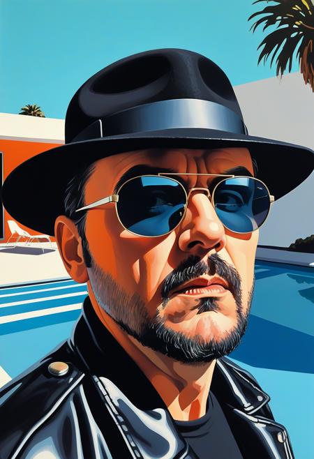 intimidating drug kingpin in black pork pie hat, dark sunglasses, goatee, black leather jacket, head tilted down slightly, (looking down:1.1), eyes looking up directly at viewer from under lowered brow, intense unblinking Kubrick stare, eyebrows furrowed, menacing predatory gaze, whites of eyes visible above iris, unsettling fixed expression,, vibrant acrylic painting style, bold flat colors, clean geometric compositions, bright California sunlight, crisp shadows, modernist architecture, swimming pool blue tones, perfectly manicured landscapes, mid-century modern aesthetic, saturated color palette, smooth gradients, minimal detail work, contemporary pop art influence, architectural precision, optimistic 1960s atmosphere,