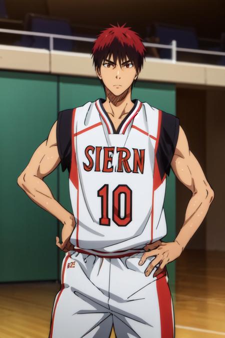 (masterpiece, best quality:1.2), <lora:kb_kagami-10:0.8>, cowboy shot, solo, male focus, 1boy, kagami taiga, expressionless, closed mouth, looking at viewer, hand on hip, sportswear, basketball uniform, basketball court