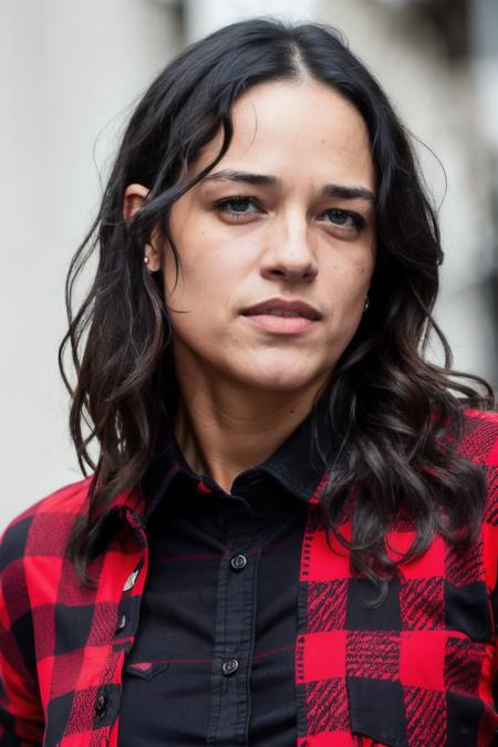 photo of michelleR1wearing checkered red and black shirt and blue jeans staring at the viewer, (checkered red and black shirt), (blue jeans),Highly Detailed,(close portrait:1.3),(Feminine:1.4),(beautiful:1.4),(attractive:1.3),calendar pose,perfectly detailed eyes,studio lighting,thematic background