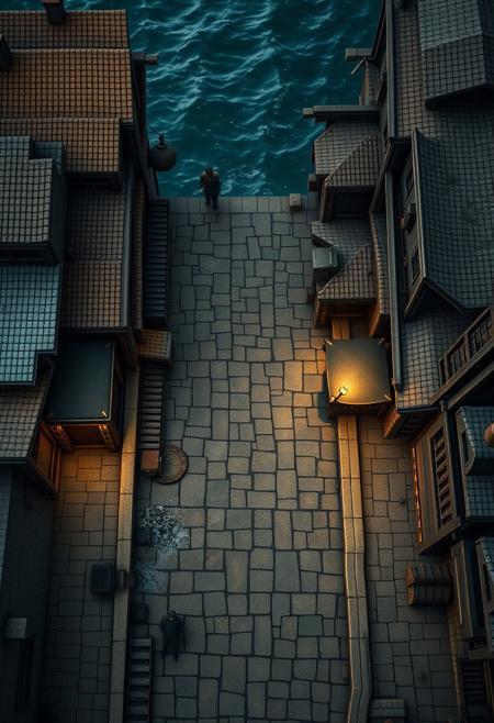 A top-down rpg map view of a large dock fantasy town street, staring directly straight down at the floor, (perfect RPG combat map) of a dockside street with buildings and the ocean (masterpiece cozy hyperrealisitic, medium format photography, muted colors, soft focus,  accurate proportions,  high quality, detailing, textures)