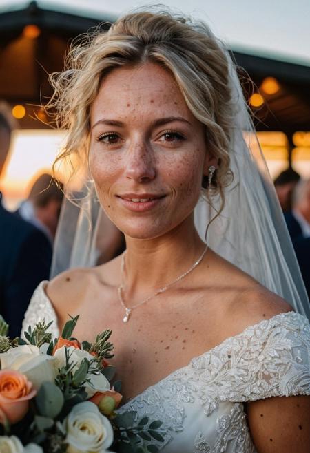 Stunning 35mm photo of a 42 years old Dutch woman, ((an breathtaking wedding dress)), very pretty, fit, skinny, highly detailed face, highly detailed skin, freckles, many freckles on arms and tits, freckles and moles all over body, natural breasts, perfect breasts, hard nipples, Rounded ass, blonde hair, pubic hair, short hair, messy hair, medium hair, brown eyes, highly detailed skin, highly detailed face, in love, happy, detailed pupils, at her wedding party, in a beach club on the Dutch coastline, holding a pretty bouquet of flowers, emotional face, emotional but happy while listening to her new husbands' beautiful speech, sunset, you can tell from the expression on her face that she is highly sexually aroused, low light, soft natural light, Rembrandt style light, made with a Hasselblad camera, 35mm, film grain, masterpiece, sharp focus, ((Photorealistic:1))