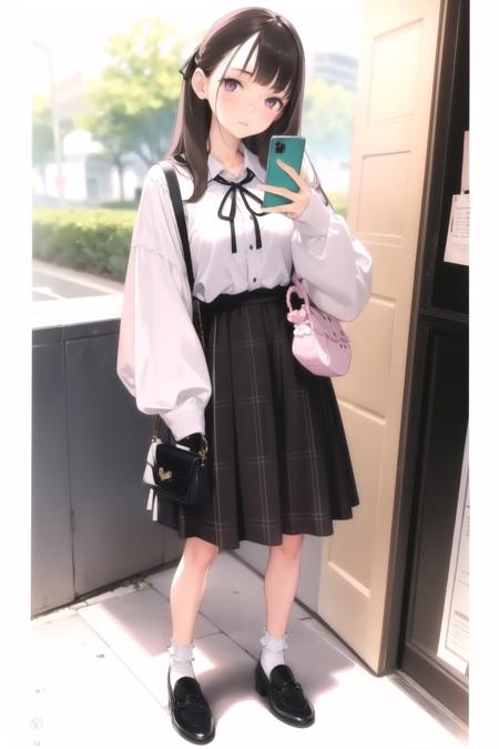 <lora:ama_mitsuki_v0.1:1>
1girl, solo, long hair, looking at viewer, bangs, skirt, simple background, brown hair, shirt, long sleeves, white background, ribbon, holding, standing, purple eyes, full body, white shirt, shoes, socks, pink eyes, bag, black footwear, sleeves past wrists, plaid, black ribbon, neck ribbon, plaid skirt, phone, cellphone, white socks, smartphone, holding phone, high-waist skirt, handbag, shoulder bag,  bobby socks, masterpiece, best quality, highly detailed