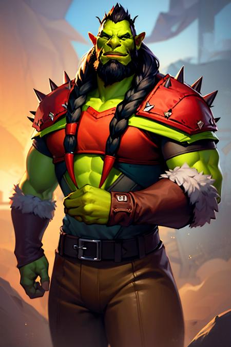 1boy, cowboy shot of beautiful orc warrior, muscular, black hair, braids, beard, green skin, tusks, armor with fur trim, brown pants, spikes, battlefield background, red flag, mist, fog, volumetric lighting, best quality, masterpiece <lora:sxz-wowstyle_v4_50_64:1>