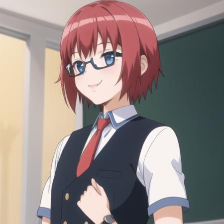 (masterpiece, best quality:1.2),illustration,8k,hd,1girl,solo,smile,short_hair,blue_eyes,school_uniform,red_hair,necktie,glasses,semi-rimless_eyewear,under-rim_eyewear,wristwatch,black_pants,black_vest,school_uniform,short_sleeves,<lora:Misaki Raika:0.8>,