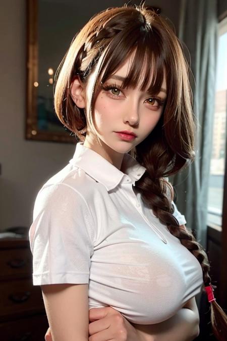 white polo,long polo,short sleeves,arm,big boobs,see-through boobs,white polo,red hair,bright red hair,extreme hair quality,bangs,braid,highres,masterpiece,perfect ligthing,cinematic lighting,sunrays,adult,perfect skin,female,looking at viewer,extremely detailed face,<lora:RSERomantic_RSESofiko_RSEEmma-v1:0.3>,(perfect yellow eyes),best quality,extreme hair detail,  <lora:Cherry Blossom Girl:0.8>