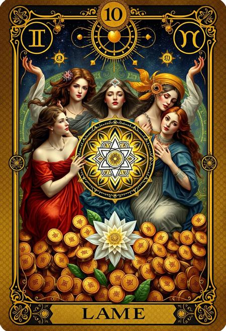 Best quality, tarot card, "10 of disks", "wealth", overflowing riches and abundance outside the boundaries of the card, ultradetailed, surrealism, bold striking visuals, realistic, multiple women, alchemical symbols, zodiac, sacred geometry, flower of life, fertility, happiness, contentment, satisfaction