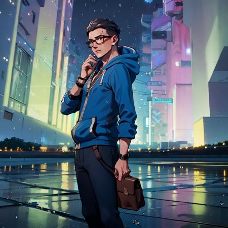 1boy, mature male, (chamber \(valorant\):1), glasses, <lora:Chamber250:1.2>, (blue hoodie, pants, handbag) (backgroud, city, night, starry sky, aurora, raining, wet)