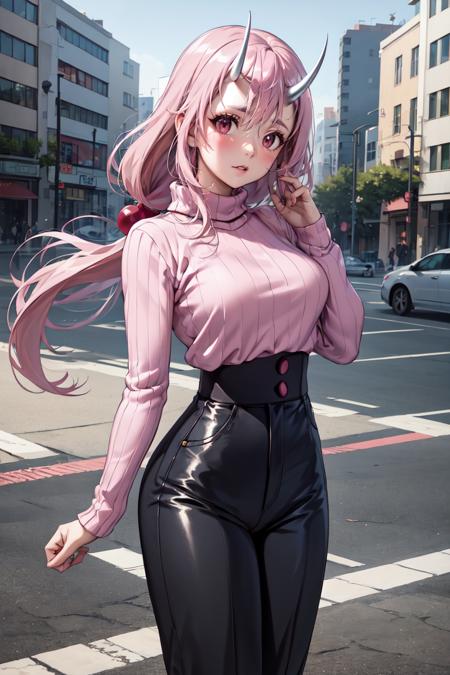 masterpiece, best quality, absurdres, ShunaTensura, low-tied long hair, oni horns, sweater, ribbed sweater, long sleeves, high-waist pants, outdoors, city, portrait, blush, <lora:ShunaTensura:1.0>