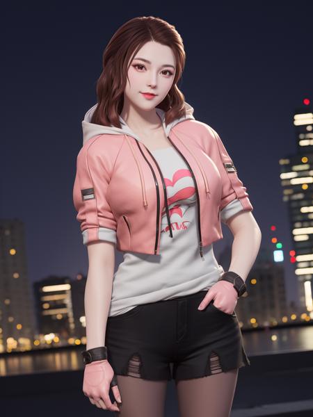 CFkongQF, 1girl, solo,pantyhose, brown hair, looking at viewer, hood, drawstring,torn clothes, brown eyes,  black shorts,long hair, hood down, lips, jacket, gloves, smile, breasts, open clothes, zipper,hand on hip, mature female, cityscape, night,  <lora:CFkongQF:0.75>,