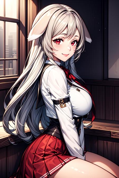 best quality, masterpiece, 1girl, (solo:1.1), raytracing, ultra detailed,detailed face, 8k wallpaper, wide hips, <lora:more_details:0.5>, PursenaAdoldiaNDV, 1girl, gray hair, red eyes, (large breasts:1.3), long hair, academy uniform, red skirt, white shirt, open jacket, corset, animal ears, dog ears, red bow, ribbon, indoor, sitting, smile, from side,  <lora:PursenaAdoldiaNDV:0.6>