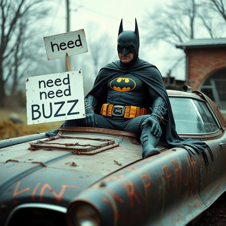 77 year old Batman in worn out batman bodysuit and ripped worn cape sitting on hood of his rusted and worn Batmobile glonker holding sign "need BUZZ"