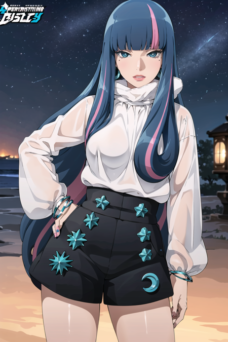 ((best quality)), ((highly detailed)), masterpiece, ((official art)), detailed face, beautiful face, (detailed eyes:1.3, deep eyes), (eida), long hair, looking at viewer, bangs, blue eyes, shirt, long sleeves, jewelry, very long hair, blue hair, pink hair, multicolored hair, earrings, sky, shorts, blunt bangs, star (symbol), nail polish, bracelet, two-tone hair, streaked hair, hand on hip, short shorts, night, black shorts, crescent, star (sky), night sky, personification, starry sky, high-waist shortsbest quality, masterpiece, intricate details, tonemapping, sharp focus, hyper detailed, trending on Artstation,1 girl, solo,best quality, masterpiece, intricate details, tonemapping, sharp focus, hyper detailed, trending on Artstation,1 girl, solo