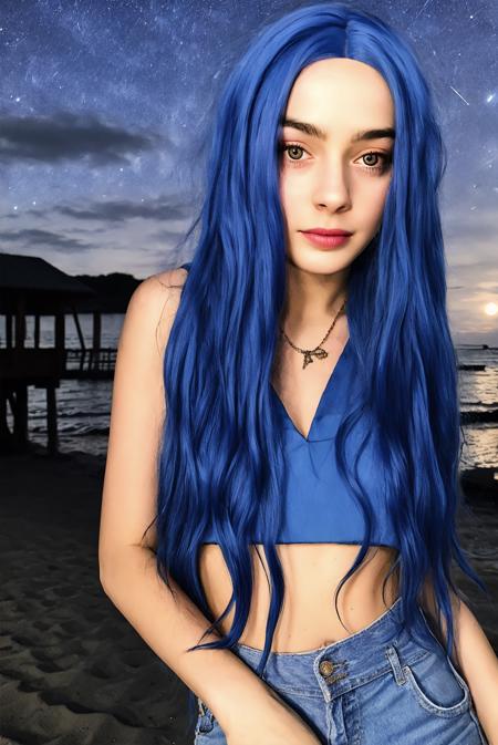 a raw photo of a woman, maybe baby, blue eyes, blue hair, messy hair, lean body, crop top, night beach background, starry sky, moonlight, natural shadows, natural reflections, realistic  <lora:Maybe Baby v1.0:0.8>