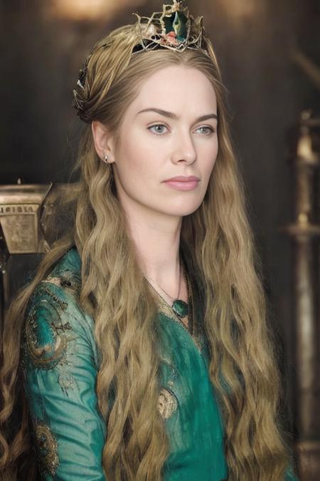 Photo portrait of crsi with a beautiful face, a golden tiara and an intricate green dress with blue accents, sitting on a throne with intricate golden ornaments, in an Egyptian hall. <lora:crsi:1>