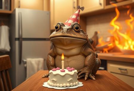 score_9, score_8_up, score_8_up, BREAK  common toad, brown, beige, leathery skin, short legs, large bumps covering back, amphibian, big eyes, yellow eyes, mouth slightly open, tongue sticking out of mouth, party hat, wall eyes, open eyes, realistic,
BREAK solo, common toad is in a kitchen, common toad is sitting on top a table in the kitchen, the table is decently sized and made of wood, common toad is sitting at one end of a table, a tiny birthday cake is on the table in front of common toad, tiny birthday cake isn't too far from common toad, a single candle is on the tiny cake, the single candle is lit, common toad has a blank stare, common toad is confused, common toad is trying to process what is going on, the kitchen is on fire, there is fire all over the kitchen, somehow the table the common toad is on is untouched by the fire and is perfect shape, common toad party hat tip is on fire, common toad is sitting still and is not moving, detailed common toad, realistic common toad, common toad is actual size, detailed fire, realistic fire, there are napkins on the table, there are plates on the table, there  are forks and knifes on the table,