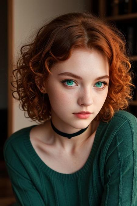 raw photo, (18yo redhead curly, natural really dark green eyes girl:1.2), makeup, graphic eyeliner, rouge, (choker:0.9), realistic skin texture, oversize knit sweater, (red:0.8), softcore, warm lighting, cosy atmosphere, instagram style