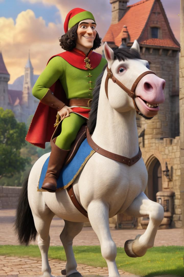 Lord Farquaad riding a tiny horse. absurd caricature, animation, based on the movie [Shrek],