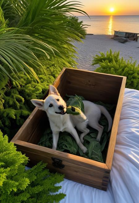 Czech wolf dog puppy with dragon features, 
licking its paw inside a wooden box, 
under Caribbean sunset hues, 
Ikea Hemnes furniture in stark white, 
palm tree shadows on walls, 
couple on bed, 
digital world immersive, 
Langensteinbach summer night ambiance, 
ghost ships with sea creatures in vibrant mossy hues, 
dense bush concealment, 
aerial drone footage, 
sharp contrasts of shadow and light, 
high-tension atmosphere