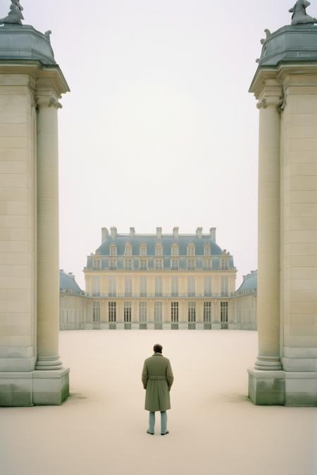 <lora:Akos Major style:1>Akos Major style - a photo of the Versailles castle with a lonely man standing on in shot of luigi ghirri