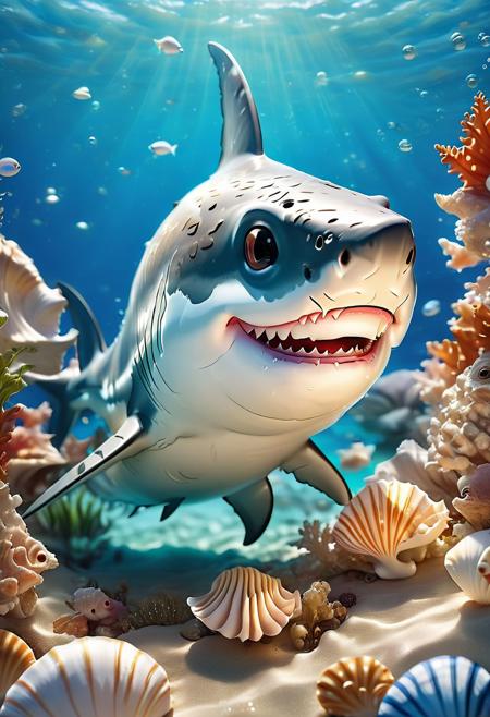 close up angle of, (3d Great White Shark)) surrounded by ocean ,animal, detailed focus, deep bokeh, beautiful, shells, small fish, seabed, Visually delightful , 3D,more detail XL, chibi,
