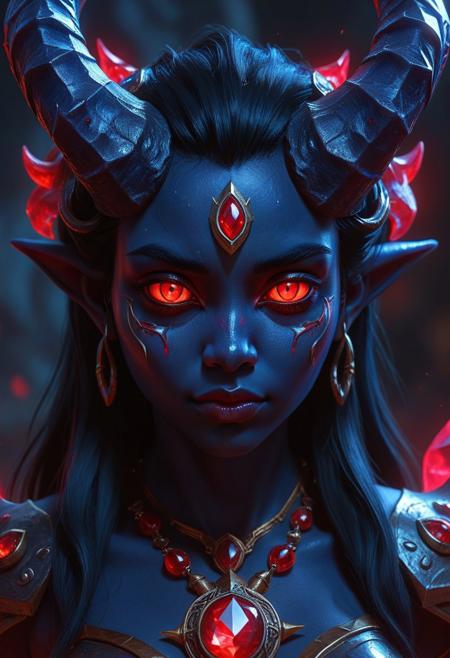 rp_slgd, horns, portrait, dark blue skin, red eyes, soul gem, 1girl, glowing eyes, fantasy, animated, detailed, masterpiece, 4k, 8k