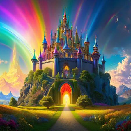 a rainbow colored castle made from rays of light in a fantastic alternative universe of love; maximalist matte painting by (salvadore dali, josephine wall, vladimir fedotko, matisse)