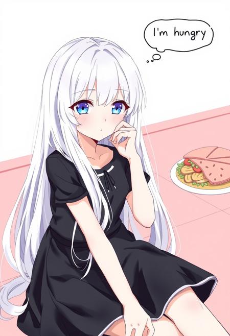 A girl, sitting, black dress, blue eyes, long white hair, thinking about food, thought bubble “I’m hungry”