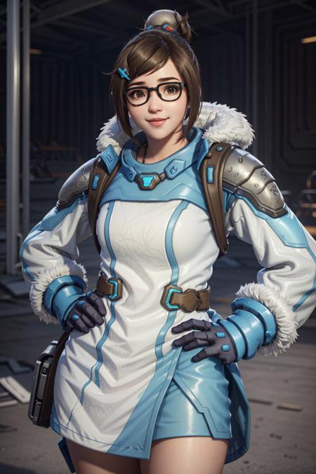 MeiOver, 1girl, mei (overwatch), glasses, brown hair, hair ornament, solo, brown eyes, short hair, smile, hair stick, lips, single hair bun, hair bun, gloves, nose, jacket, hand on hip, robot, realistic, black-framed eyewear
<lora:epi_noiseoffset2:1>,  <lora:MeiOver:0.7>