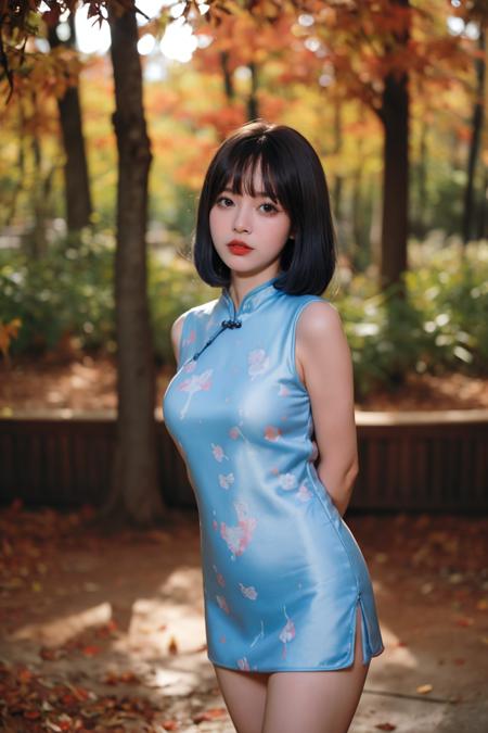 1girl,pale_skin,plump,round face,black hair,bangs,makeup,(sexy cheongsam print:1.3),(looking_at_viewer:1.3),(front view:1.3),(cowboy_shot:1.4),(arms_behind_back:1.3),(artbook:1.2),(autumn maple forest:1.3),(very few fallen leaves),(path),park,close-up,depth of field,(face_focus:1.2),(lens_flare:1.2),