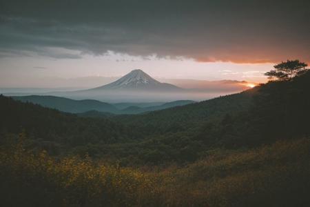 raw photo, a sunset landscape, Valdivian temperate forests, Chilean forest,  cozy, photorealistic, high detailed texture, 8k uhd, dslr, soft lighting, high quality, film grain, Fujifilm XT3, Sony A7 IV, highly detailed photography, (muted colors, cinematic, dim colors, soothing tones:1.2), vibrant, insanely detailed, hyperdetailed, (dark shot:1.2), (vsco:0.3), (intricate details:0.9), (hdr, hyperdetailed:1.2) (highest coherency: 1.39) (highest quality: 1.39) (rule of Thirds) (award winning) (breathtaking) (masterclass) (vibrant color: 0.79) (raining)